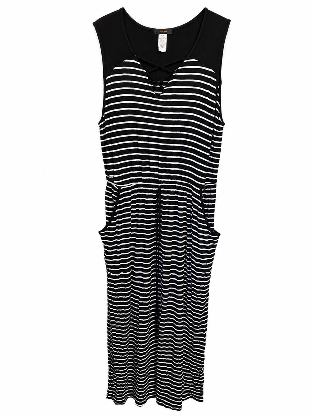 Espresso Black and White Striped Sleeveless dress with pockets